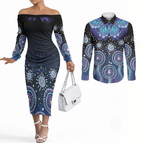 Dreamy Butterfly Collar Australia Purple Teal Hopeful Sky Couples Matching Off The Shoulder Long Sleeve Dress and Long Sleeve Button Shirt Indigenous Aboriginal Art