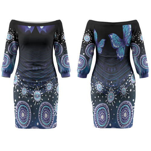 Dreamy Butterfly Collar Australia Purple Teal Hopeful Sky Couples Matching Off The Shoulder Long Sleeve Dress and Long Sleeve Button Shirt Indigenous Aboriginal Art