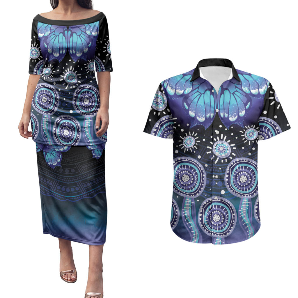 Dreamy Butterfly Collar Australia Purple Teal Hopeful Sky Couples Matching Puletasi and Hawaiian Shirt Indigenous Aboriginal Art
