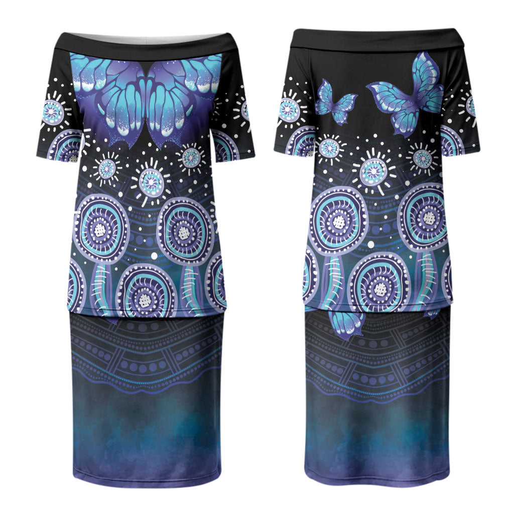 Dreamy Butterfly Collar Australia Purple Teal Hopeful Sky Couples Matching Puletasi and Hawaiian Shirt Indigenous Aboriginal Art