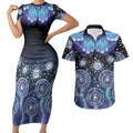 Dreamy Butterfly Collar Australia Purple Teal Hopeful Sky Couples Matching Short Sleeve Bodycon Dress and Hawaiian Shirt Indigenous Aboriginal Art