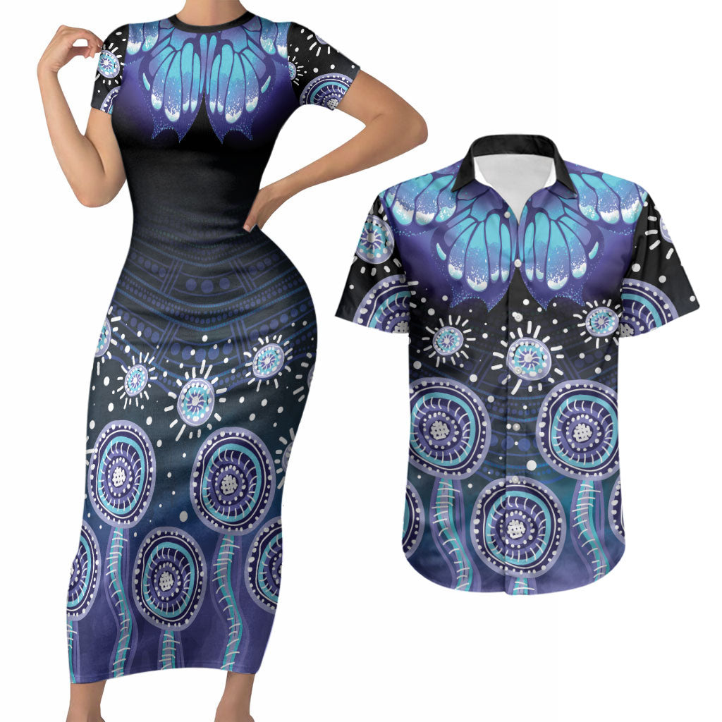 Dreamy Butterfly Collar Australia Purple Teal Hopeful Sky Couples Matching Short Sleeve Bodycon Dress and Hawaiian Shirt Indigenous Aboriginal Art