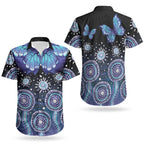 Dreamy Butterfly Collar Australia Purple Teal Hopeful Sky Couples Matching Short Sleeve Bodycon Dress and Hawaiian Shirt Indigenous Aboriginal Art