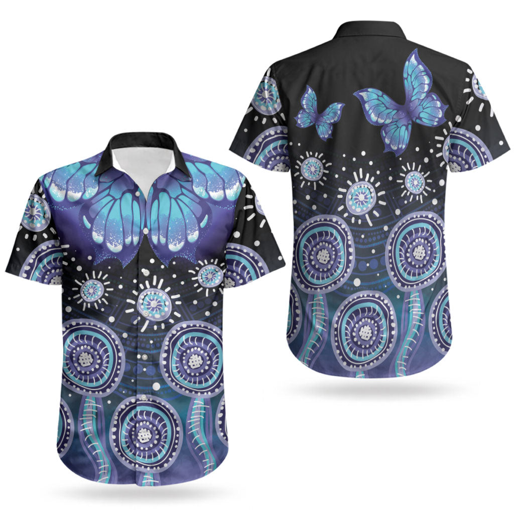 Dreamy Butterfly Collar Australia Purple Teal Hopeful Sky Couples Matching Short Sleeve Bodycon Dress and Hawaiian Shirt Indigenous Aboriginal Art