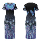Dreamy Butterfly Collar Australia Purple Teal Hopeful Sky Couples Matching Short Sleeve Bodycon Dress and Hawaiian Shirt Indigenous Aboriginal Art