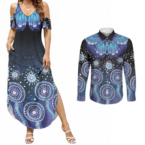 Dreamy Butterfly Collar Australia Purple Teal Hopeful Sky Couples Matching Summer Maxi Dress and Long Sleeve Button Shirt Indigenous Aboriginal Art