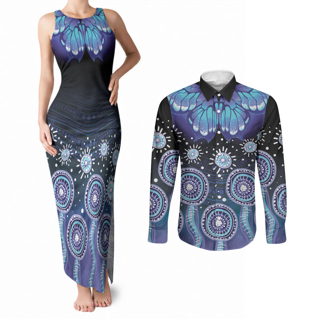Dreamy Butterfly Collar Australia Purple Teal Hopeful Sky Couples Matching Tank Maxi Dress and Long Sleeve Button Shirt Indigenous Aboriginal Art