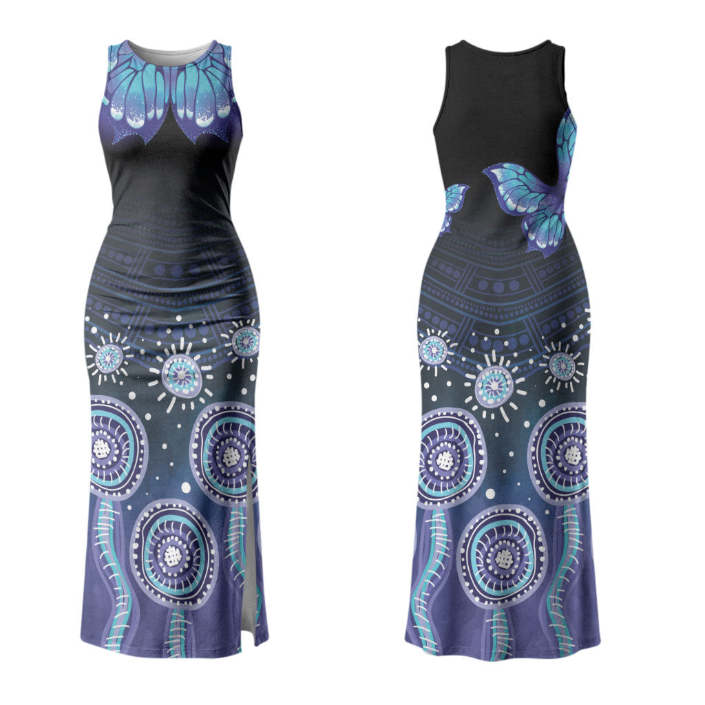 Dreamy Butterfly Collar Australia Purple Teal Hopeful Sky Couples Matching Tank Maxi Dress and Long Sleeve Button Shirt Indigenous Aboriginal Art