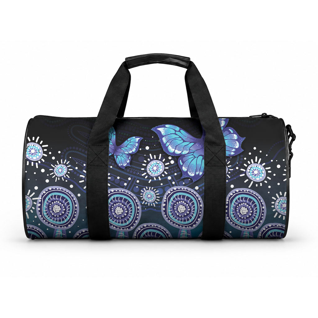 Dreamy Butterfly Collar Australia Purple Teal Hopeful Sky Duffle Bag Indigenous Aboriginal Art