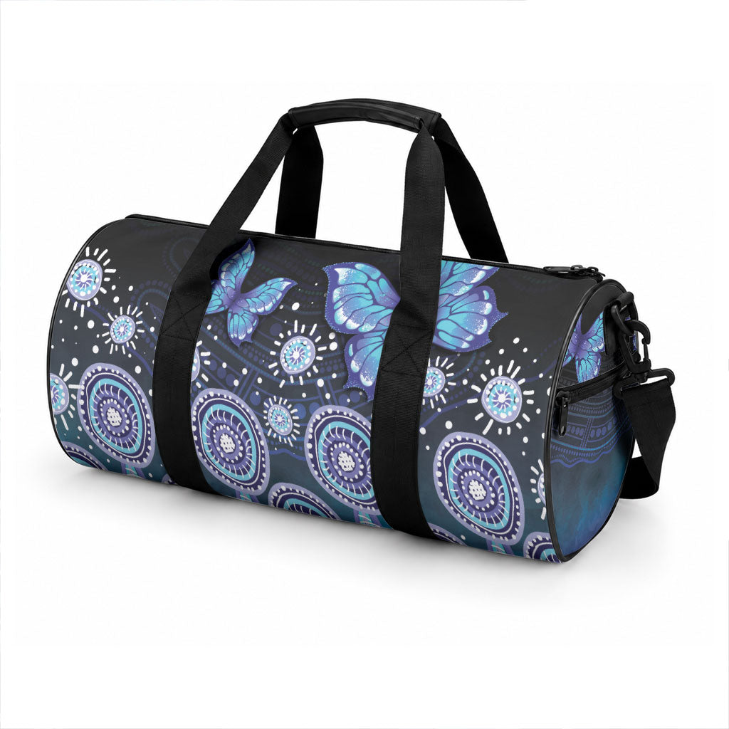 Dreamy Butterfly Collar Australia Purple Teal Hopeful Sky Duffle Bag Indigenous Aboriginal Art