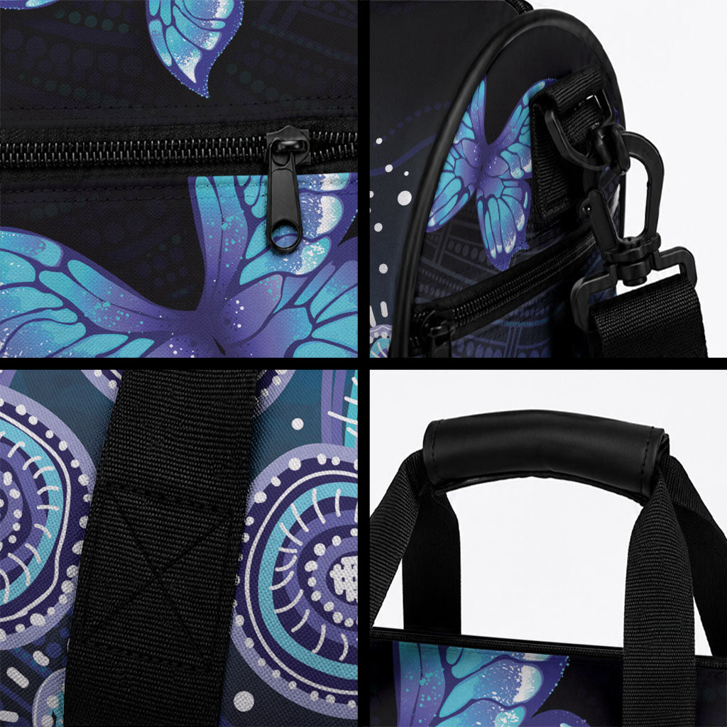 Dreamy Butterfly Collar Australia Purple Teal Hopeful Sky Duffle Bag Indigenous Aboriginal Art