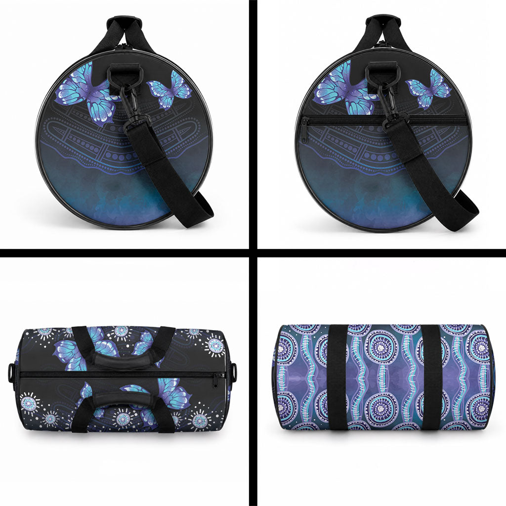 Dreamy Butterfly Collar Australia Purple Teal Hopeful Sky Duffle Bag Indigenous Aboriginal Art