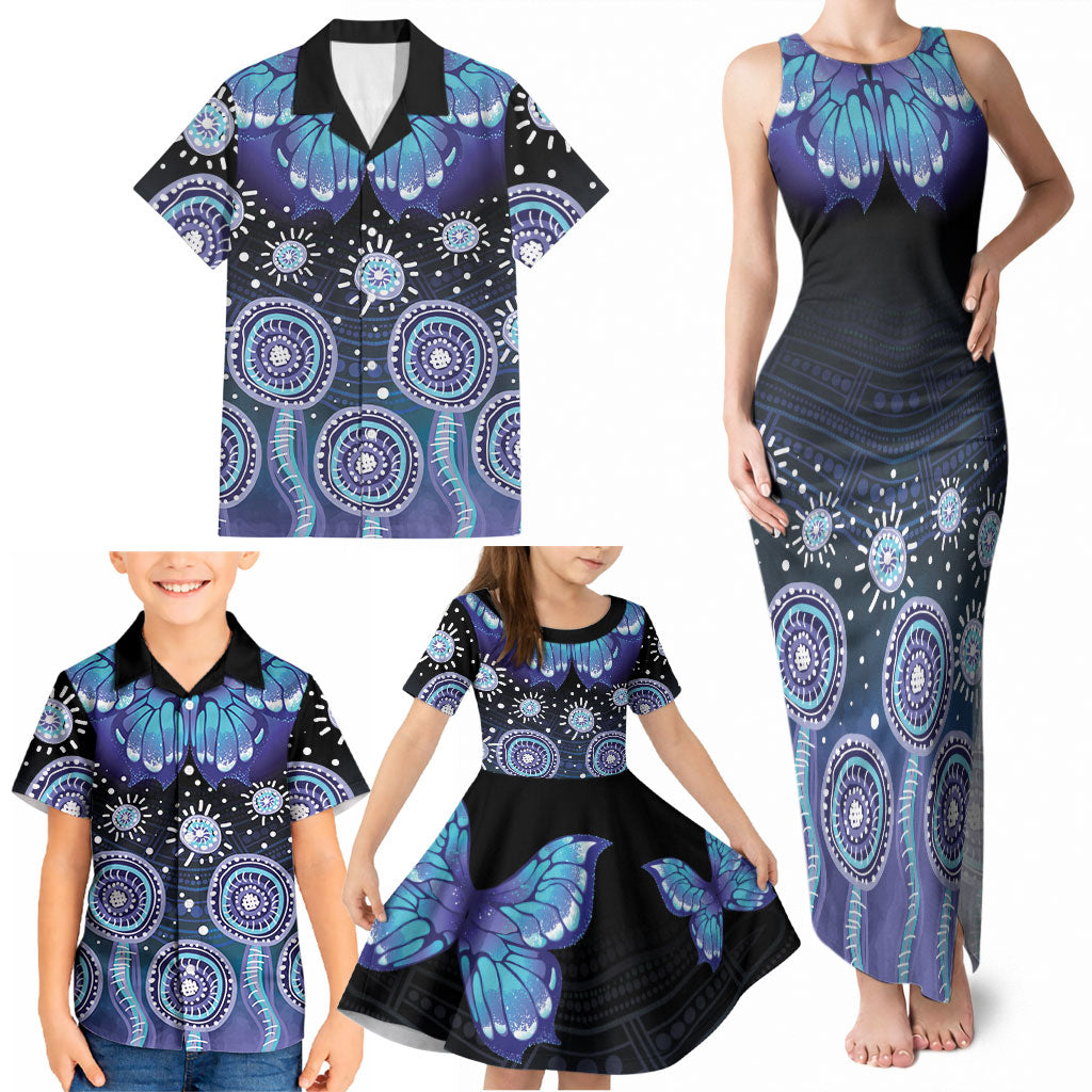 Dreamy Butterfly Collar Australia Purple Teal Hopeful Sky Family Matching Tank Maxi Dress and Hawaiian Shirt Indigenous Aboriginal Art