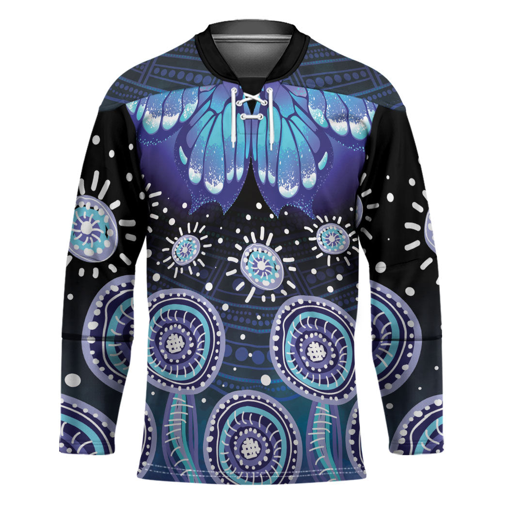 Dreamy Butterfly Collar Australia Purple Teal Hopeful Sky Hockey Jersey Indigenous Aboriginal Art
