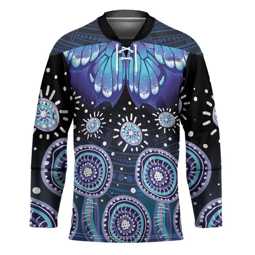 Dreamy Butterfly Collar Australia Purple Teal Hopeful Sky Hockey Jersey Indigenous Aboriginal Art