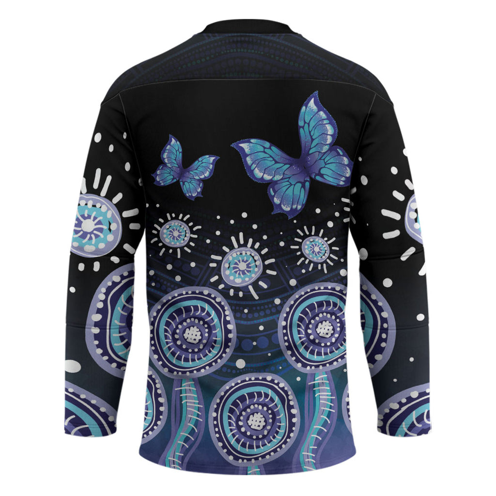 Dreamy Butterfly Collar Australia Purple Teal Hopeful Sky Hockey Jersey Indigenous Aboriginal Art
