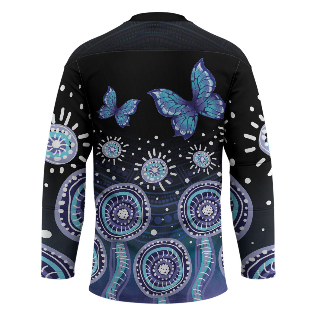 Dreamy Butterfly Collar Australia Purple Teal Hopeful Sky Hockey Jersey Indigenous Aboriginal Art