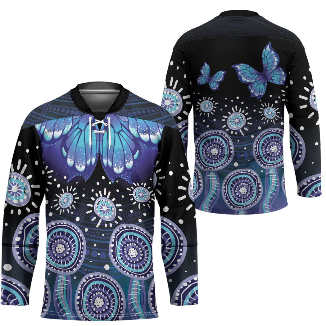 Dreamy Butterfly Collar Australia Purple Teal Hopeful Sky Hockey Jersey Indigenous Aboriginal Art
