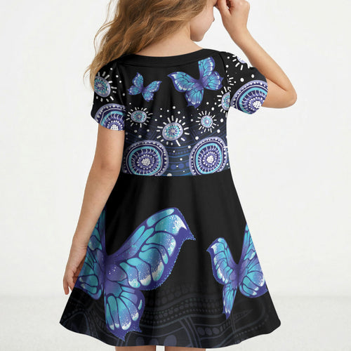 Dreamy Butterfly Collar Australia Purple Teal Hopeful Sky Kid Short Sleeve Dress Indigenous Aboriginal Art