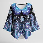 Dreamy Butterfly Collar Australia Purple Teal Hopeful Sky Kimono Sleeve Blouse Indigenous Aboriginal Art