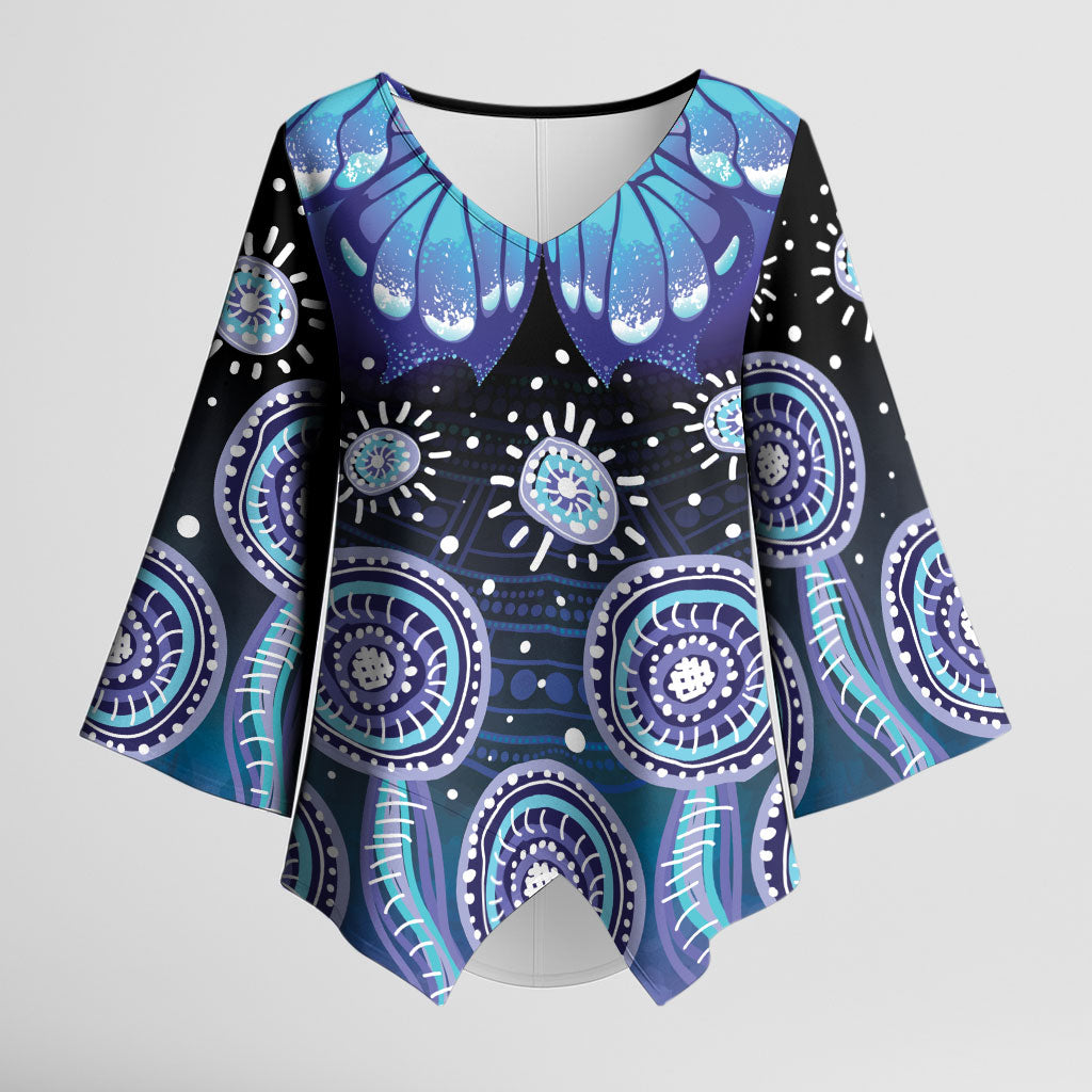 Dreamy Butterfly Collar Australia Purple Teal Hopeful Sky Kimono Sleeve Blouse Indigenous Aboriginal Art