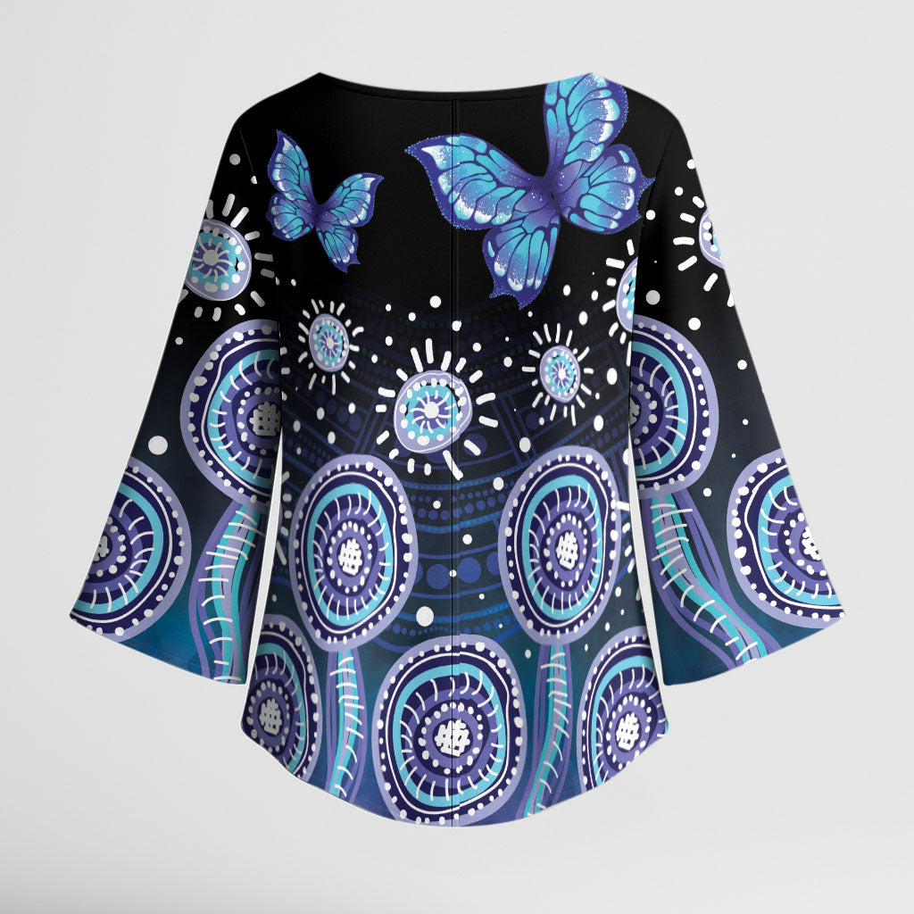 Dreamy Butterfly Collar Australia Purple Teal Hopeful Sky Kimono Sleeve Blouse Indigenous Aboriginal Art