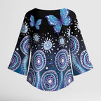 Dreamy Butterfly Collar Australia Purple Teal Hopeful Sky Kimono Sleeve Blouse Indigenous Aboriginal Art