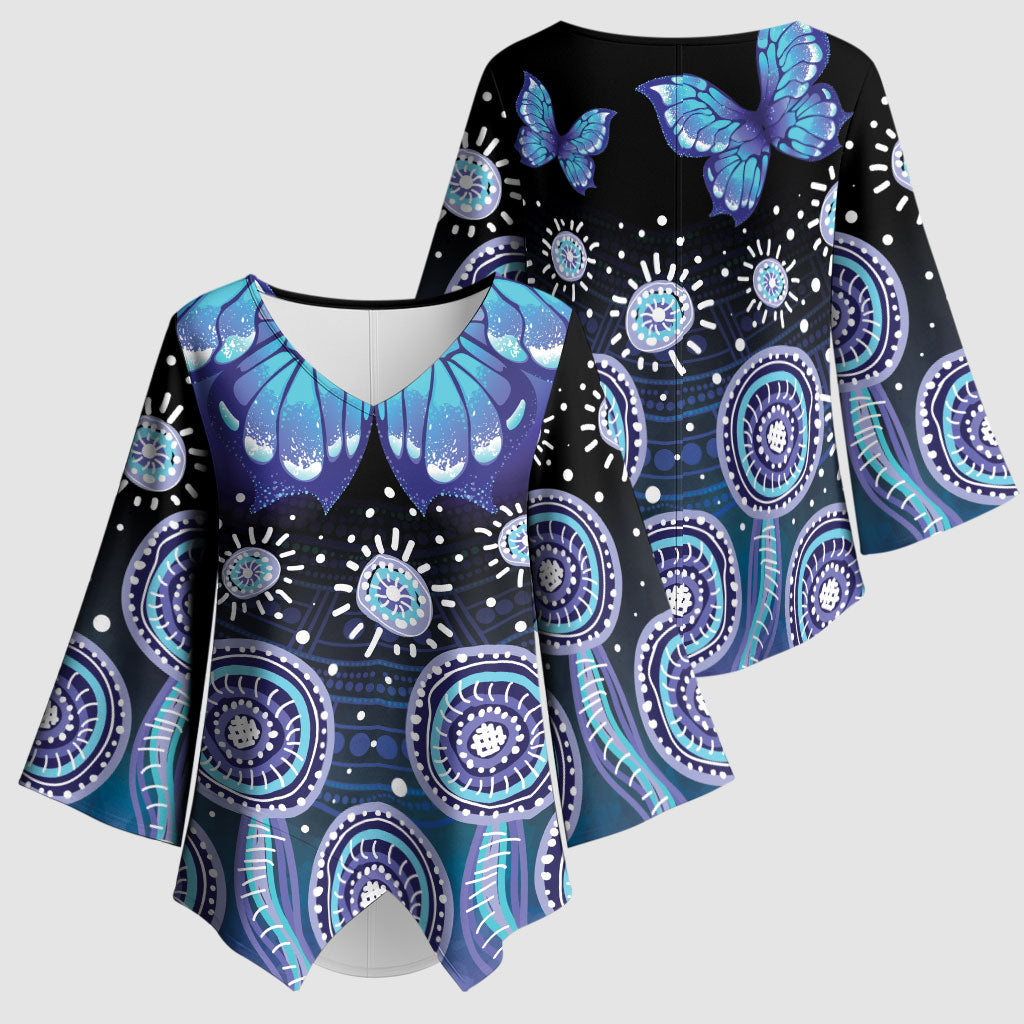 Dreamy Butterfly Collar Australia Purple Teal Hopeful Sky Kimono Sleeve Blouse Indigenous Aboriginal Art