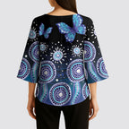 Dreamy Butterfly Collar Australia Purple Teal Hopeful Sky Kimono Sleeve Blouse Indigenous Aboriginal Art