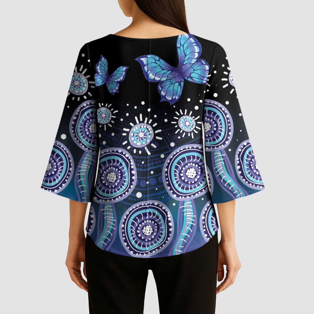 Dreamy Butterfly Collar Australia Purple Teal Hopeful Sky Kimono Sleeve Blouse Indigenous Aboriginal Art