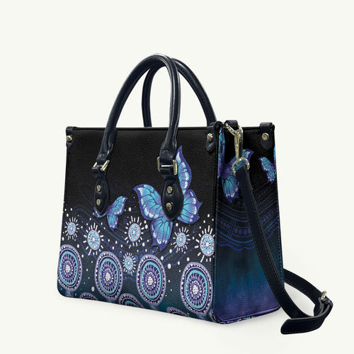 Dreamy Butterfly Collar Australia Purple Teal Hopeful Sky Leather Bag Indigenous Aboriginal Art