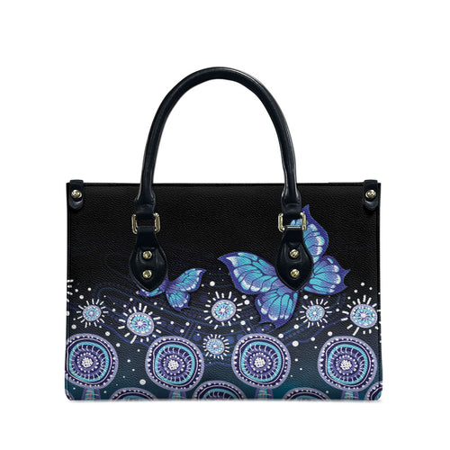 Dreamy Butterfly Collar Australia Purple Teal Hopeful Sky Leather Bag Indigenous Aboriginal Art