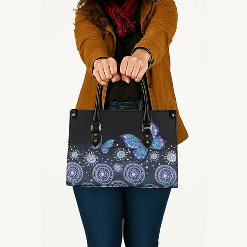 Dreamy Butterfly Collar Australia Purple Teal Hopeful Sky Leather Bag Indigenous Aboriginal Art