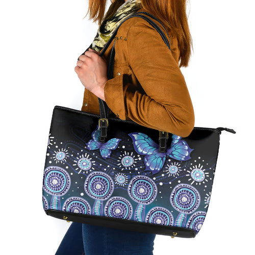 Dreamy Butterfly Collar Australia Purple Teal Hopeful Sky Leather Tote Bag Indigenous Aboriginal Art