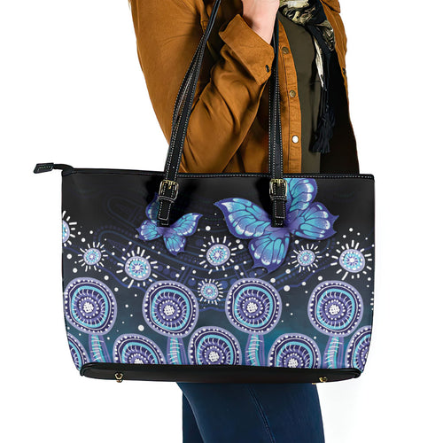Dreamy Butterfly Collar Australia Purple Teal Hopeful Sky Leather Tote Bag Indigenous Aboriginal Art
