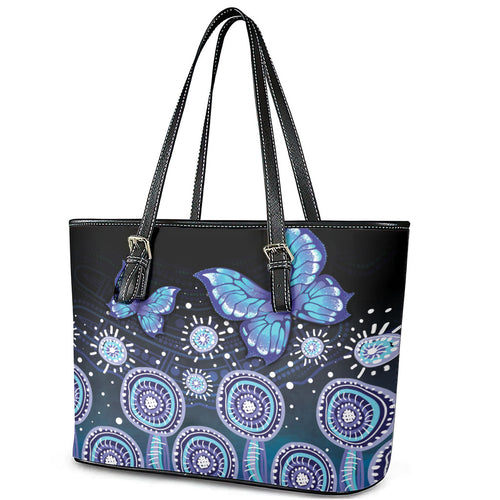 Dreamy Butterfly Collar Australia Purple Teal Hopeful Sky Leather Tote Bag Indigenous Aboriginal Art