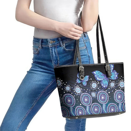 Dreamy Butterfly Collar Australia Purple Teal Hopeful Sky Leather Tote Bag Indigenous Aboriginal Art