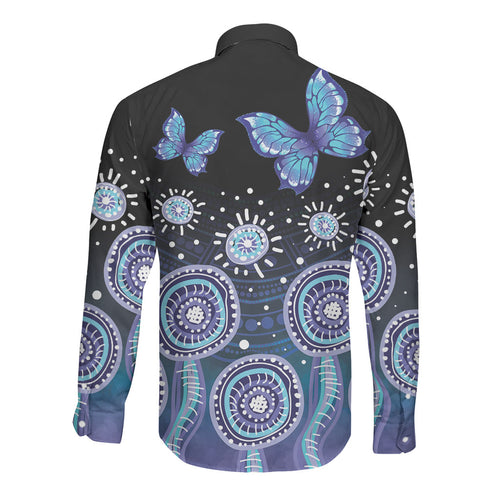 Dreamy Butterfly Collar Australia Purple Teal Hopeful Sky Long Sleeve Button Shirt Indigenous Aboriginal Art