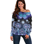 Dreamy Butterfly Collar Australia Purple Teal Hopeful Sky Off Shoulder Sweater Indigenous Aboriginal Art