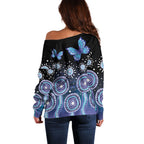 Dreamy Butterfly Collar Australia Purple Teal Hopeful Sky Off Shoulder Sweater Indigenous Aboriginal Art