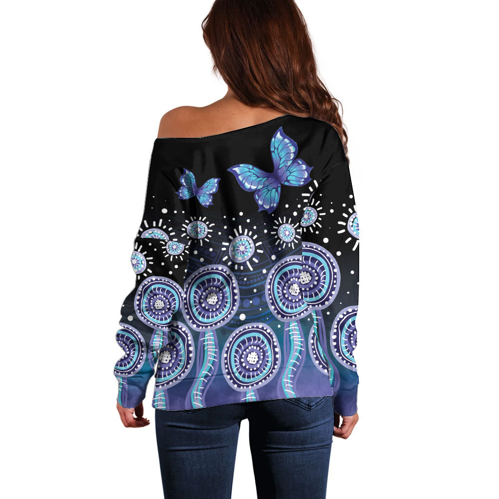 Dreamy Butterfly Collar Australia Purple Teal Hopeful Sky Off Shoulder Sweater Indigenous Aboriginal Art