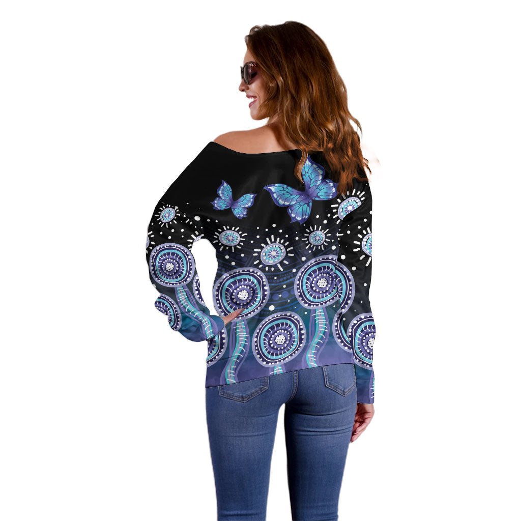 Dreamy Butterfly Collar Australia Purple Teal Hopeful Sky Off Shoulder Sweater Indigenous Aboriginal Art