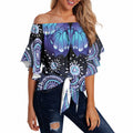 Dreamy Butterfly Collar Australia Purple Teal Hopeful Sky Off Shoulder Wrap Waist Top Indigenous Aboriginal Art
