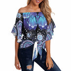 Dreamy Butterfly Collar Australia Purple Teal Hopeful Sky Off Shoulder Wrap Waist Top Indigenous Aboriginal Art