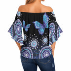 Dreamy Butterfly Collar Australia Purple Teal Hopeful Sky Off Shoulder Wrap Waist Top Indigenous Aboriginal Art
