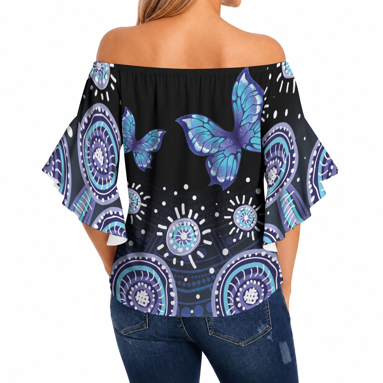 Dreamy Butterfly Collar Australia Purple Teal Hopeful Sky Off Shoulder Wrap Waist Top Indigenous Aboriginal Art