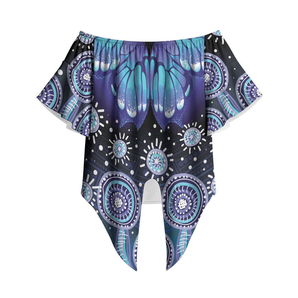 Dreamy Butterfly Collar Australia Purple Teal Hopeful Sky Off Shoulder Wrap Waist Top Indigenous Aboriginal Art