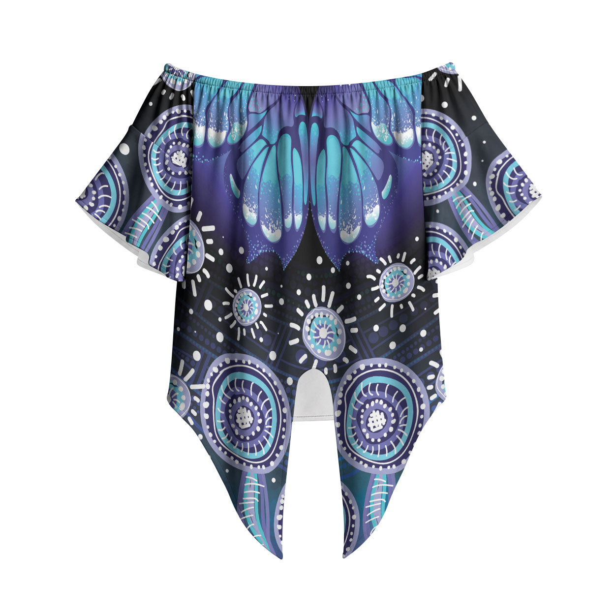 Dreamy Butterfly Collar Australia Purple Teal Hopeful Sky Off Shoulder Wrap Waist Top Indigenous Aboriginal Art
