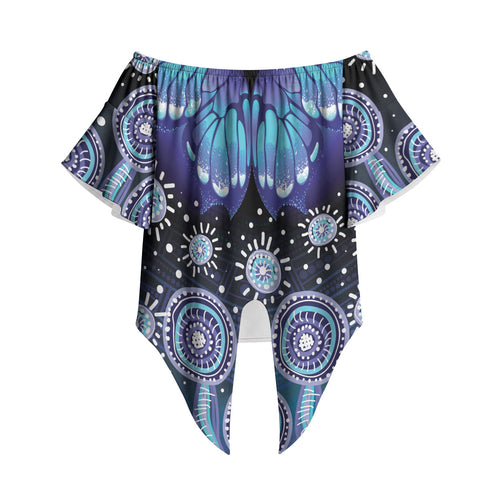Dreamy Butterfly Collar Australia Purple Teal Hopeful Sky Off Shoulder Wrap Waist Top Indigenous Aboriginal Art