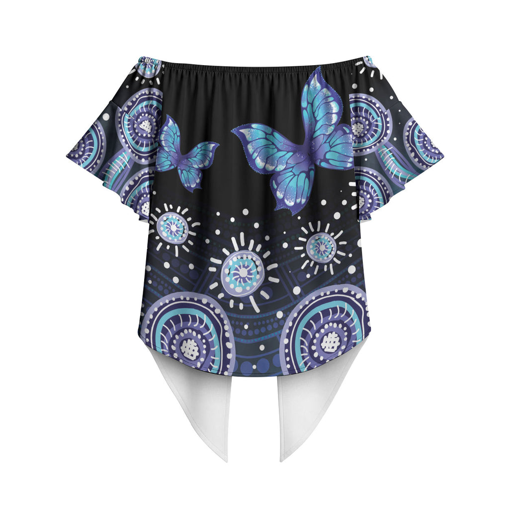 Dreamy Butterfly Collar Australia Purple Teal Hopeful Sky Off Shoulder Wrap Waist Top Indigenous Aboriginal Art